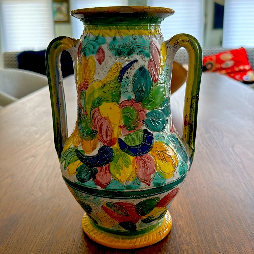 Vintage Italy Sgraffito Urn Vase Pottery Ceramic Italian. Signed.